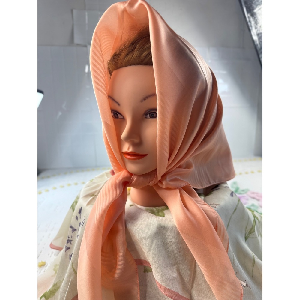 Vintage Peach Tonal Stripe Square Scarf Made in Italy Sheer Head Scarf 31x31